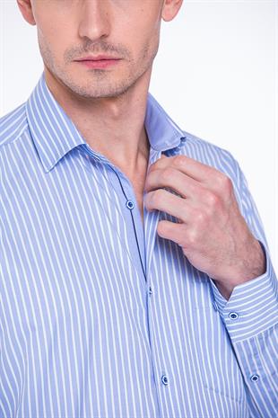 Klasik Uzun Kol Premium Kalın Çizgili Hediye Kutulu Erkek Gömlek FS-001266 - Mavi Beyaz