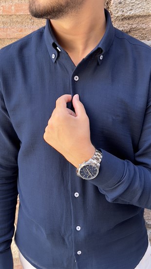 Slim Fit Uzun Kol Müslin Pamuk Rahat Nefes Alabilen Kumaştan Yaka Düğmeli Hediye Kutulu Erkek Gömlek FS-004202 - Lacivert