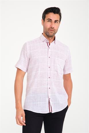 Klasik Kısa Kol Büyük Kare Flam Keten Düğmeli Yaka Hediye Kutulu Erkek Gömlek FS-000714 - Beyaz Bordo