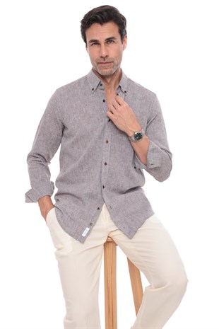 Slim Fit Uzun Kol Yaka Düğmeli Nefes Alan Keten Hediye Kutulu Erkek Gömlek FS-004548 - Kahverengi
