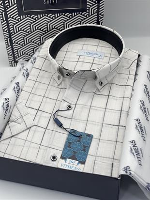 Klasik Kısa Kol Kareli Keten Cotton Yaka Düğmeli Hediye Kutulu Erkek Gömlek FS-003573 - Beyaz Siyah