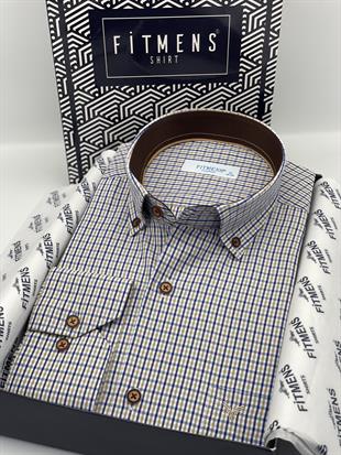 Klasik Uzun Kol Yaka Düğmeli Pöti Kareli Hediye Kutulu Erkek Gömlek FS-003774 - Bej