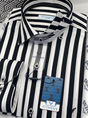 Klasik Uzun Kol Çizgili Cepsiz Yaka Alttan Düğmeli Likralı Hediye Kutulu Erkek Gömlek FS-003175 - Siyah Beyaz