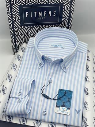 Slim Fit Uzun Kol Likralı Çizgili Yaka Düğmeli Hediye Kutulu Erkek Gömlek FS-003669 - Buz Mavi