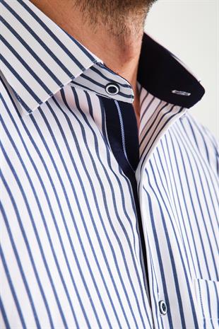 Klasik Kısa Kol Kalın Çizgili Hediye Kutulu Erkek Gömlek FS-000702 - Beyaz Lacivert
