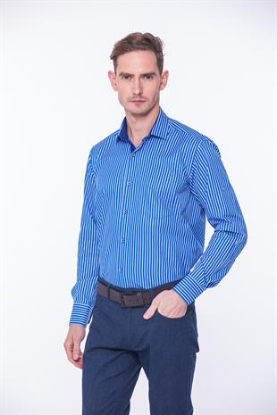 Klasik Uzun Kol Premium Kalın Çizgili Hediye Kutulu Erkek Gömlek FS-001266 - Saks Mavi Beyaz