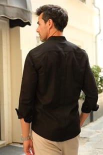 Hakim Yaka Slim Fit Keten Hediye Kutulu Erkek Gömlek FS-003042 - Siyah
