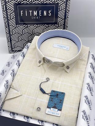 Klasik Kısa Kol Büyük Kare Flam Keten Düğmeli Yaka Hediye Kutulu Erkek Gömlek FS-000714 - Sarı