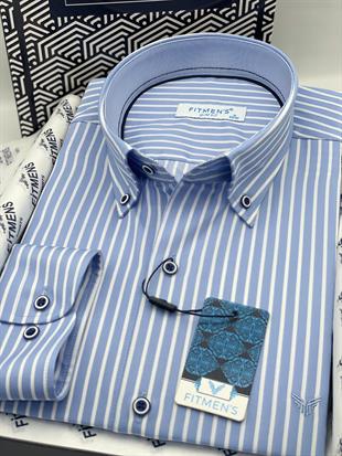 Slim Fit Uzun Kol Premium Kalın Çizgili Yaka Düğmeli Hediye Kutulu Kolay Ütülenebilir Erkek Gömlek FS-001375 - Açık Mavi