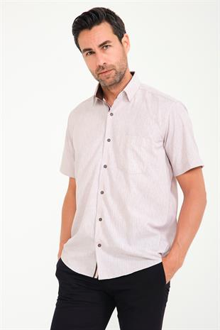 Klasik Kısa Kol Neon Çiçek Armür Hediye Kutulu Erkek Gömlek FS-001214 - Bej