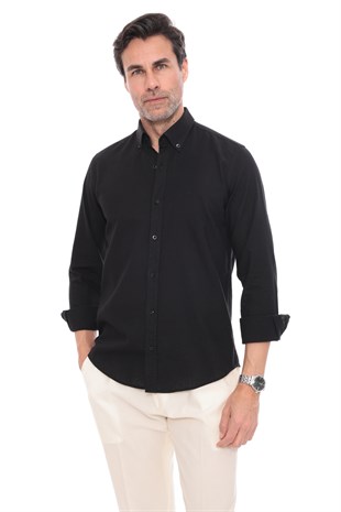 Slim Fit Uzun Kol Yaka Düğmeli Nefes Alan Keten Hediye Kutulu Erkek Gömlek FS-004548 - Siyah