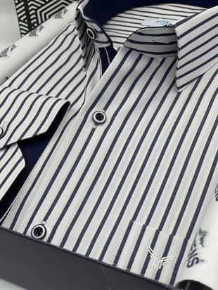 Klasik Uzun Kol Kalın Çizgili Hediye Kutulu Erkek Gömlek FS-001260 - Beyaz Lacivert
