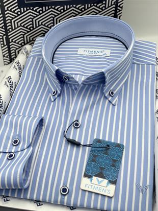 Slim Fit Uzun Kol Premium Kalın Çizgili Yaka Düğmeli Hediye Kutulu Kolay Ütülenebilir Erkek Gömlek FS-001375 - Açık Mavi
