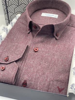 Klasik Uzun Kol Kışlık %100 Cotton Balıksırtı Yaka Düğmeli Hediye Kutulu Erkek Gömlek FS-001991 - Bordo