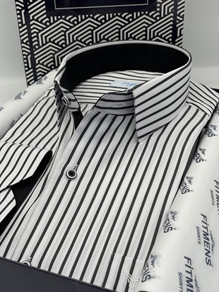 Klasik Uzun Kol Kalın Çizgili Hediye Kutulu Erkek Gömlek FS-001260 - Beyaz Siyah