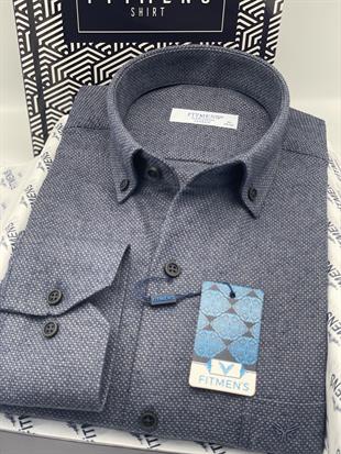 Klasik Uzun Kol Kışlık Kuşgözü Yaka Düğmeli Yünlü %100 Cotton Hediye Kutulu Erkek Gömlek FS-003768 - İndigo