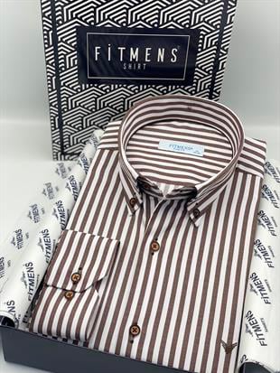 Slim Fit Uzun Kol Likralı Çizgili Yaka Düğmeli Hediye Kutulu Erkek Gömlek FS-003669 - Kahverengi