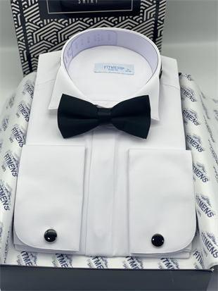 Slim Fit Uzun Kol Ata Yaka Gizli Düğmeli Smokin Damatlık Erkek Gömlek FS-004297 - Beyaz