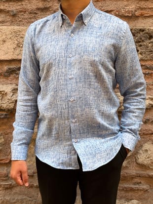 Slim Fit Uzun Kol Müslin Dijital Baskılı Hediye Kutulu Erkek Gömlek FS-004599 - Mavi