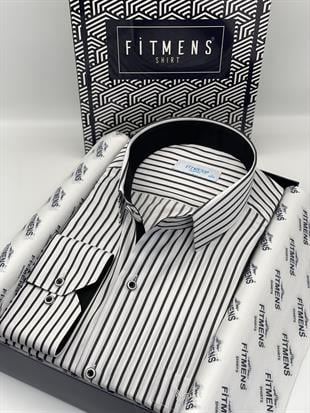Klasik Uzun Kol Kalın Çizgili Hediye Kutulu Erkek Gömlek FS-001260 - Beyaz Siyah