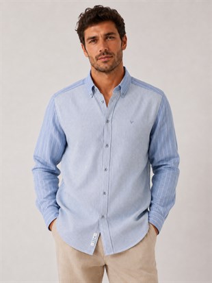 Slim Fit Uzun Kol Çift Desen Yaka Düğmeli Keten Likra Cepsiz Hediye Kutulu Erkek Gömlek FS-004578 - Açık Mavi