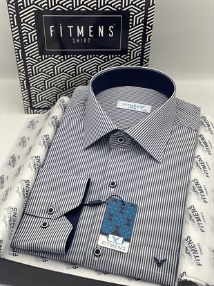 Klasik Uzun Kol İnce Çizgili Cepli Hediye Kutulu Erkek Gömlek FS-003317 - Lacivert