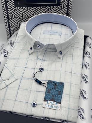 Klasik Kısa Kol Kareli Keten Cotton Yaka Düğmeli Hediye Kutulu Erkek Gömlek FS-003573 - Beyaz Mavi
