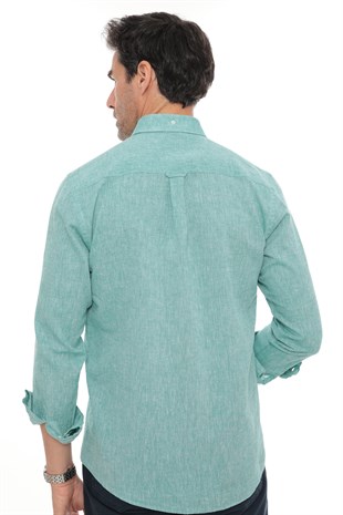 Slim Fit Uzun Kol Yaka Düğmeli Nefes Alan Keten Hediye Kutulu Erkek Gömlek FS-004548 - Açık Yeşil