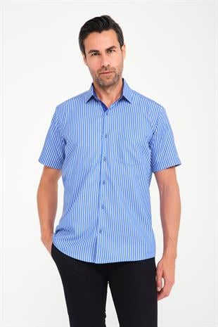 Klasik Kısa Kol Kalın Çizgili Hediye Kutulu Erkek Gömlek FS-000702 - Saks Mavi