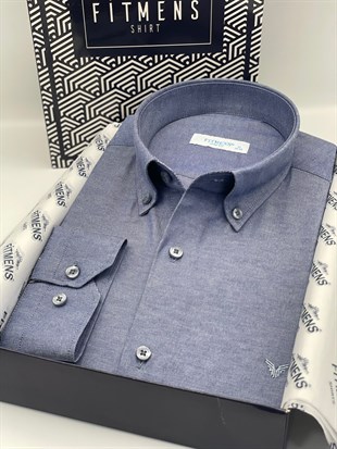 Slim Fit Uzun Kol Pamuklu Hediye Kutulu Kolay Ütülenebilir Erkek Gömlek FS-002225 - İndigo