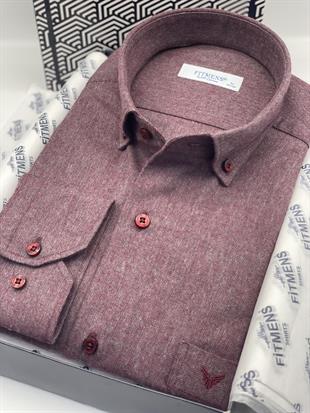 Klasik Uzun Kol Kışlık %100 Cotton Balıksırtı Yaka Düğmeli Hediye Kutulu Erkek Gömlek FS-001991 - Bordo