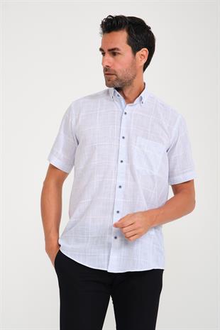 Klasik Kısa Kol Büyük Kare Flam Keten Düğmeli Yaka Hediye Kutulu Erkek Gömlek FS-000714 - Açık Mavi