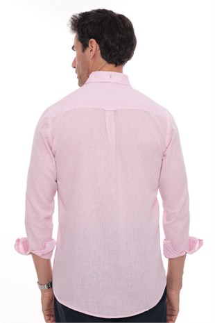 Slim Fit Uzun Kol Yaka Düğmeli Nefes Alan Keten Hediye Kutulu Erkek Gömlek FS-004548 - Pembe