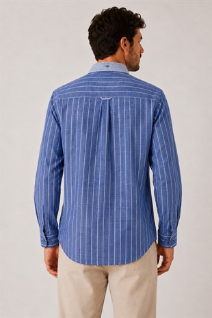 Slim Fit Uzun Kol Çift Desen Yaka Düğmeli Keten Likra Cepsiz Hediye Kutulu Erkek Gömlek FS-004578 - Saks Mavi