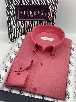 Klasik Uzun Kol Pamuklu Yaka Düğmeli Hediye Kutulu Kolay Ütülenebilir Erkek Gömlek FS-003897 - Kırmızı