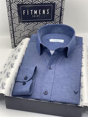 Slim Fit Uzun Kol Saten Hediye Kutulu Kolay Ütülenebilir Erkek Gömlek FS-002968 - İndigo