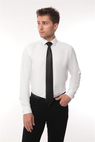 Gömlek Kravat Kol Düğmesi Seti (Hediye Kutusunda Düz Kravat+ Saten Gömlek + Kol Düğ.) FS-003021 - Beyaz Siyah