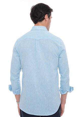 Slim Fit Uzun Kol Yaka Düğmeli Nefes Alan Keten Hediye Kutulu Erkek Gömlek FS-004548 - Turkuaz