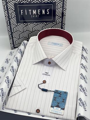 Klasik Kısa Kol Çizgli Hediye Kutulu Erkek Gömlek FS-004162 - Beyaz Bordo