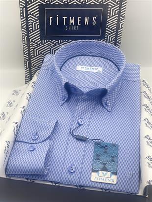 Slim Fit Uzun Kol Baklava Desen Kol Nakışlı Yaka Düğmeli Hediye Kutulu Şık Erkek Gömlek FS-004200 - Saks Mavi