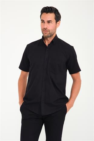 Klasik Kısa Kol Linen Keten Yaka Düğmeli Hediye Kutulu Erkek Gömlek FS-001202 - Siyah