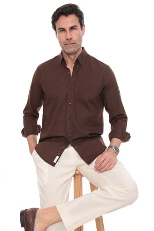 Slim Fit Uzun Kol Yaka Düğmeli Nefes Alan Keten Hediye Kutulu Erkek Gömlek FS-004548 - Koyu Kahve