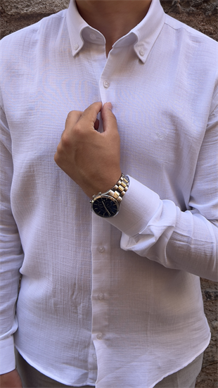 Slim Fit Uzun Kol Müslin Pamuk Rahat Nefes Alabilen Kumaştan Yaka Düğmeli Hediye Kutulu Erkek Gömlek FS-004202 - Beyaz