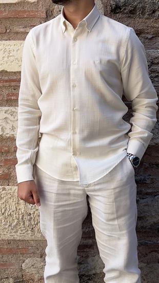 Slim Fit Uzun Kol Müslin Pamuk Rahat Nefes Alabilen Kumaştan Yaka Düğmeli Hediye Kutulu Erkek Gömlek FS-004202 - Krem
