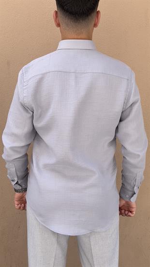 Slim Fit Uzun Kol Müslin Pamuk Rahat Nefes Alabilen Kumaştan Yaka Düğmeli Hediye Kutulu Erkek Gömlek FS-004202 - Gri