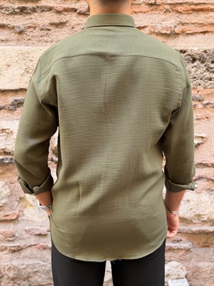Slim Fit Uzun Kol Müslin Pamuk Rahat Nefes Alabilen Kumaştan Yaka Düğmeli Hediye Kutulu Erkek Gömlek FS-004202 - Yeşil