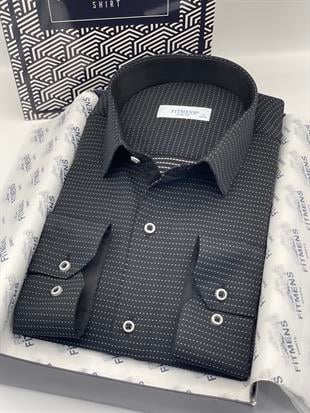 Slim Fit Uzun Kol Nokta Desenli Hediye Kutulu Erkek Gömlek FS-001374 - Siyah