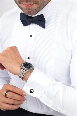 Slim Fit Uzun Kol Soft Saten Smokin Damatlık Erkek Hediye Kutulu Gömlek FS-001947 - Beyaz Lacivert
