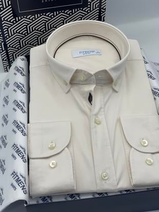 Slim Fit Uzun Kol Yıkamalı Gabardin Hediye Kutulu Erkek Gömlek FS-001364 - Krem