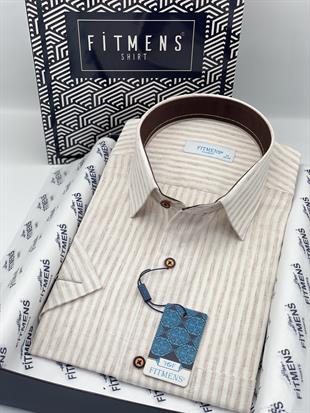 Klasik Kısa Kol Çizgili Hediye Kutulu Erkek Gömlek FS-004167 - Bej